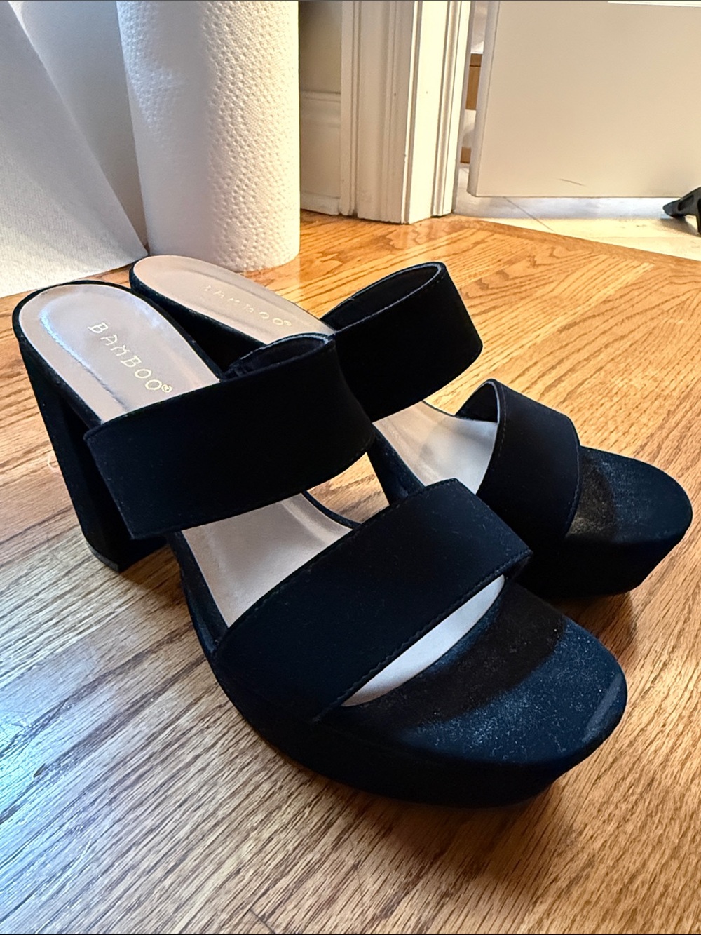 BAMBOO Black Double-Strap Platform Block Heel Sandals